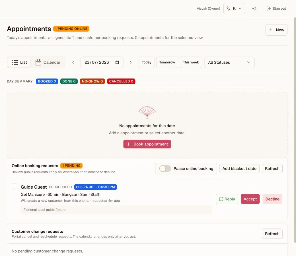 OnlyKipas appointments page with one fictional public booking request awaiting review