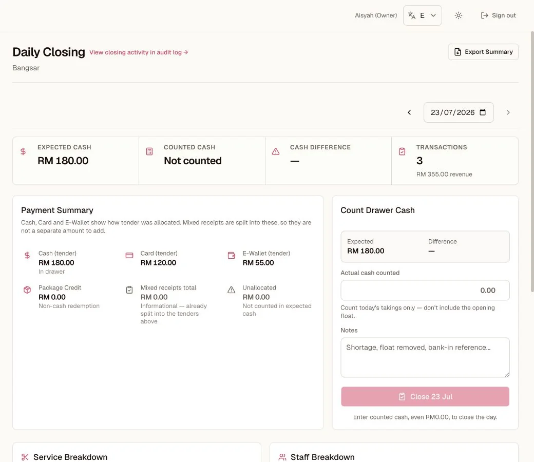 OnlyKipas Daily Closing page with expected cash, payment summary, and counted cash form