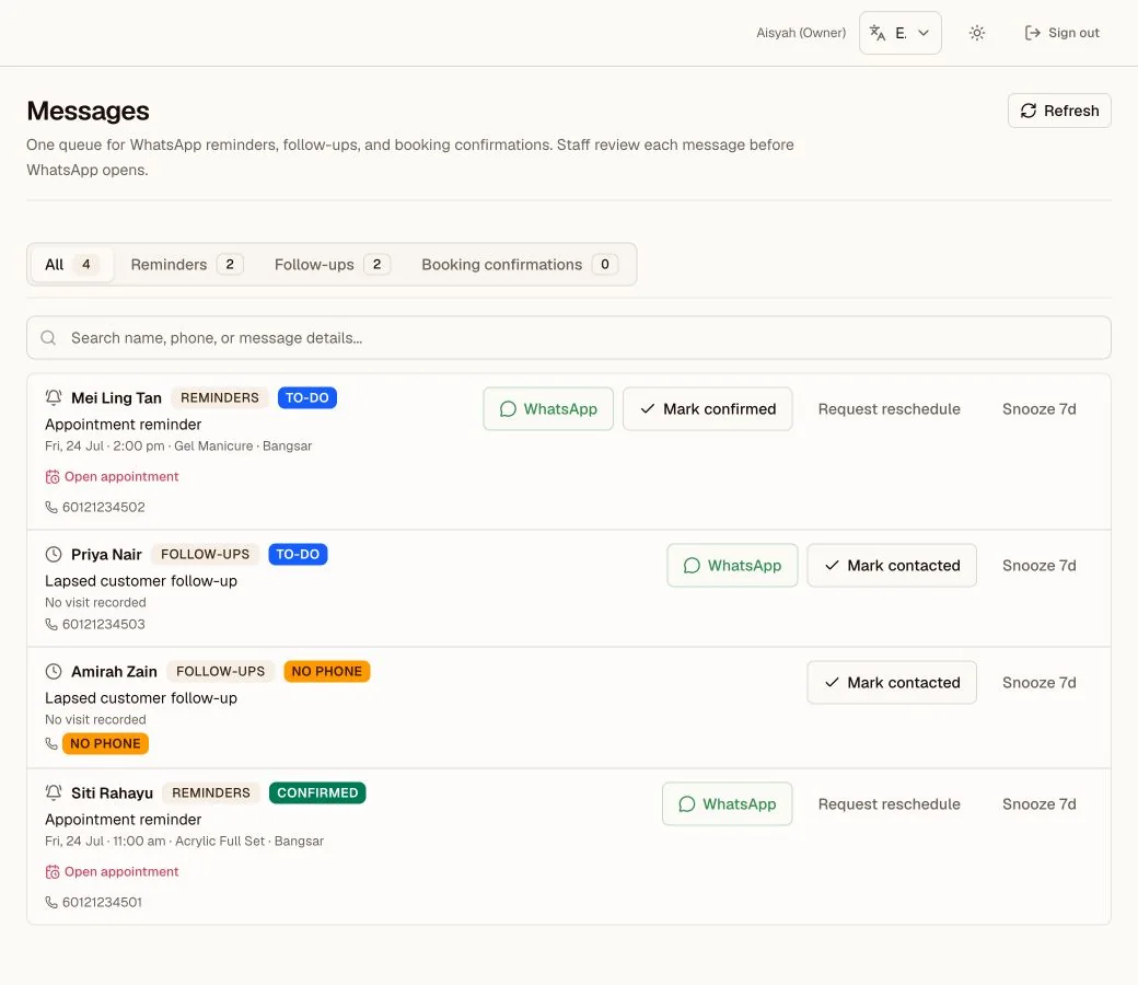 OnlyKipas Messages worklist with fictional reminders and follow-ups