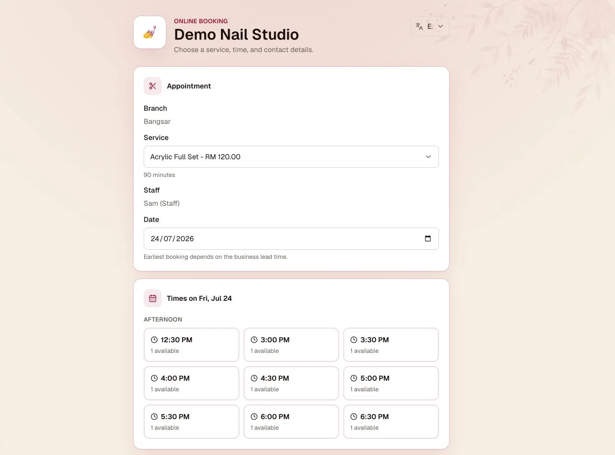 Demo Nail Studio public booking page with a selected service, staff member, date, and available times