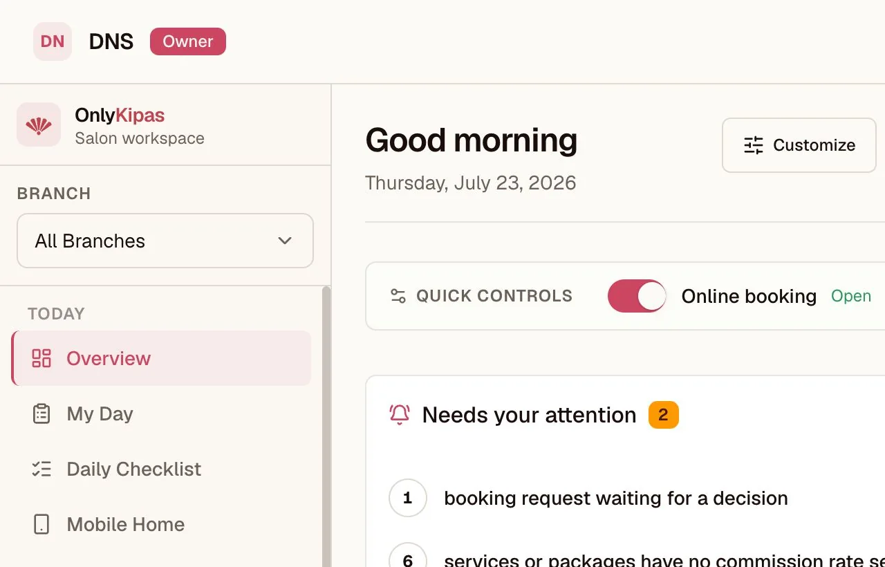 OnlyKipas demo workspace overview with online booking controls and an owner action list