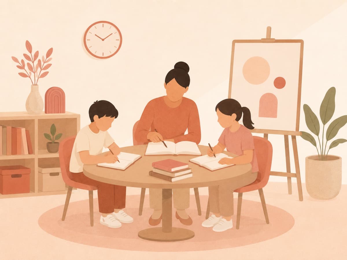 A teacher guiding two students around a classroom table