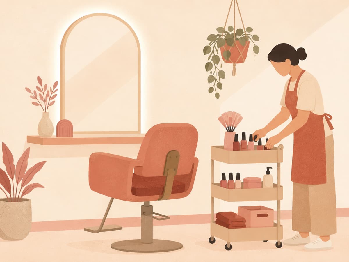 A salon professional preparing a manicure station beside a customer chair
