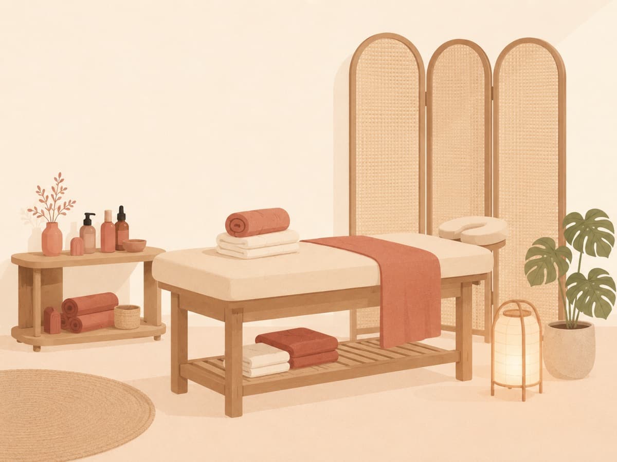 A calm therapy room with a treatment table, towels, and screens