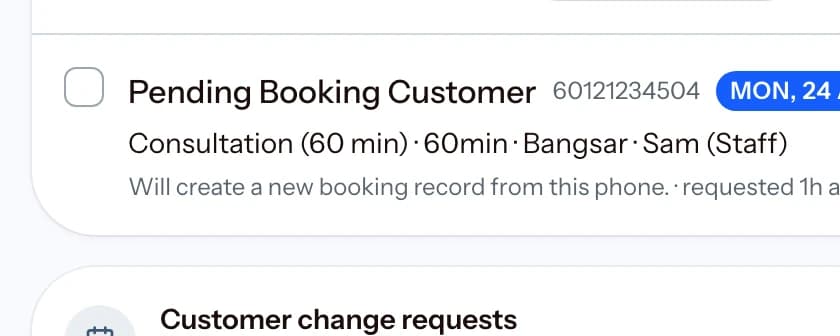 The booking request inbox in the Full workspace, with a pending request waiting on a decision