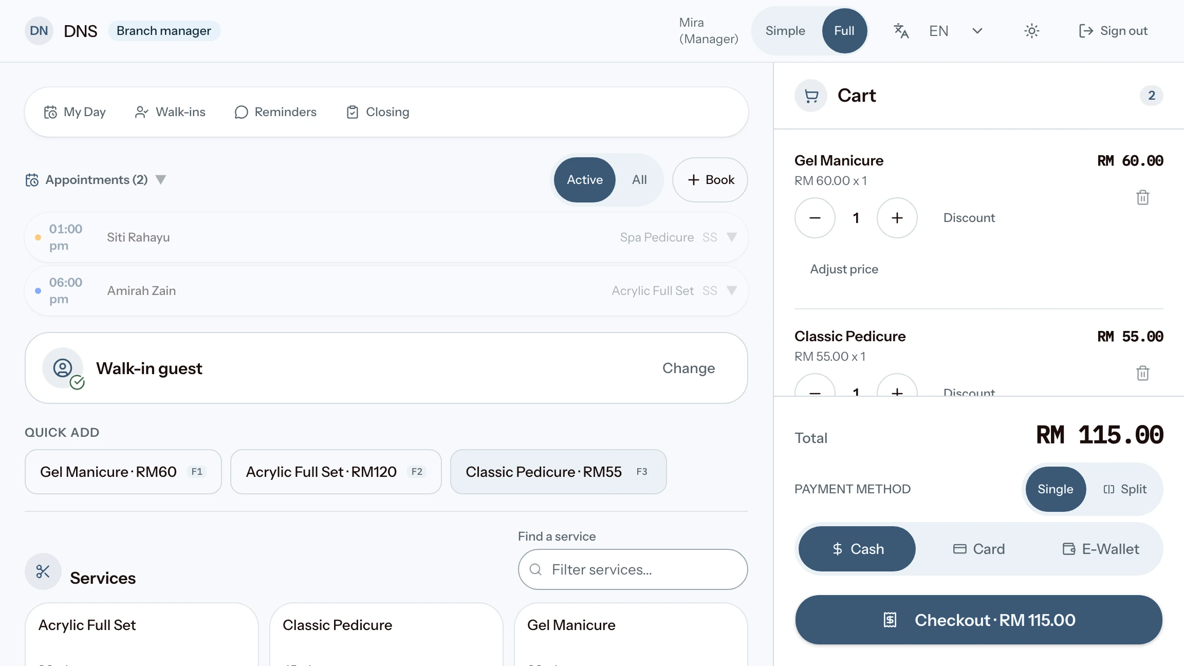 The Kipas Full workspace showing checkout and the connected customer record