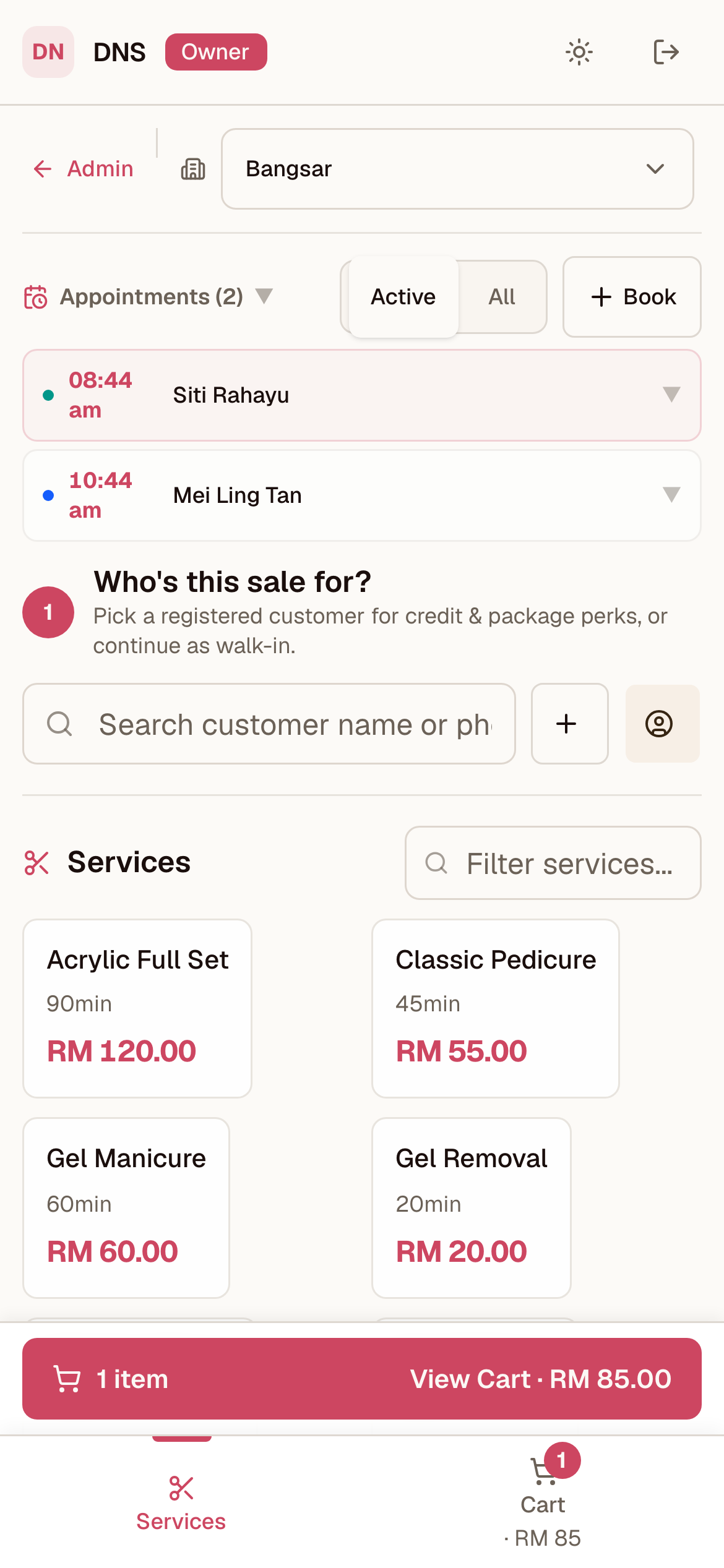 OnlyKipas POS on a phone: today's appointments, services with prices, one item in the cart